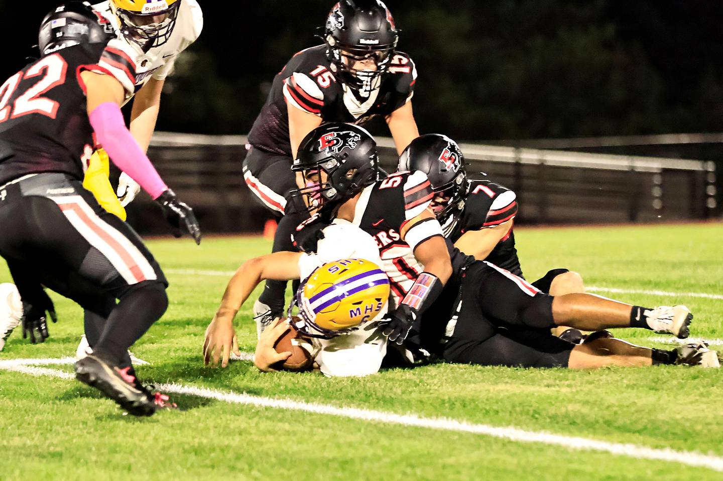 Erie-Prophetstown senior Jordae Crow stops visiting Mendota's Corbin Furar Friday Oct. 17, 2025. The Panthers win over the Trojans put them into playoff eligibility.