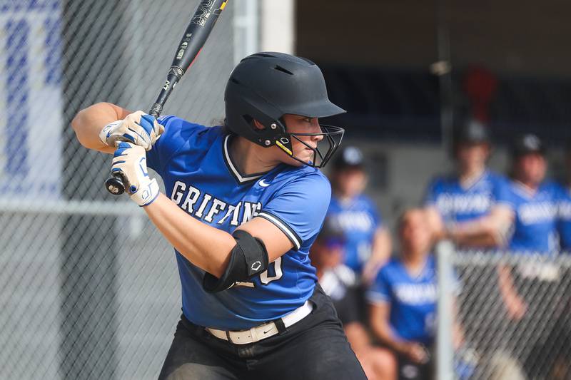 Lincoln-Way East’s Katie Stewart bats against Shepard in the Class 4A Sandburg Sectional semifinal. Tuesday, May 220, 2022 in Orland Park.