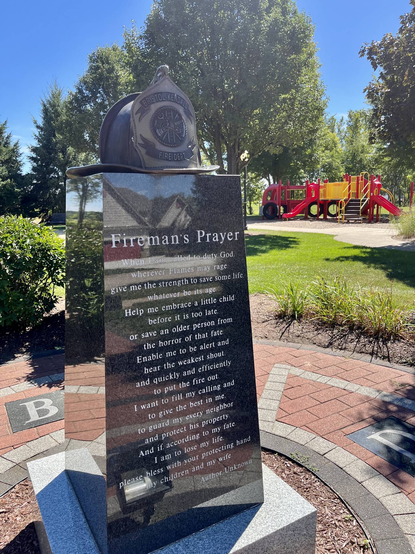 Reimenschneider Park in Yorkville features the Bristol-Kendall Fire Protection District's monument to all those who have served the community.