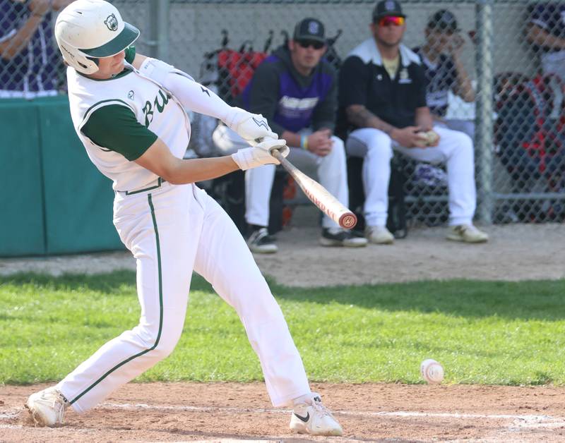 St. Bede's Gino Ferrari makes contact with the ball against Serena on Friday, April 24, 2026 at St. Bede Academy.