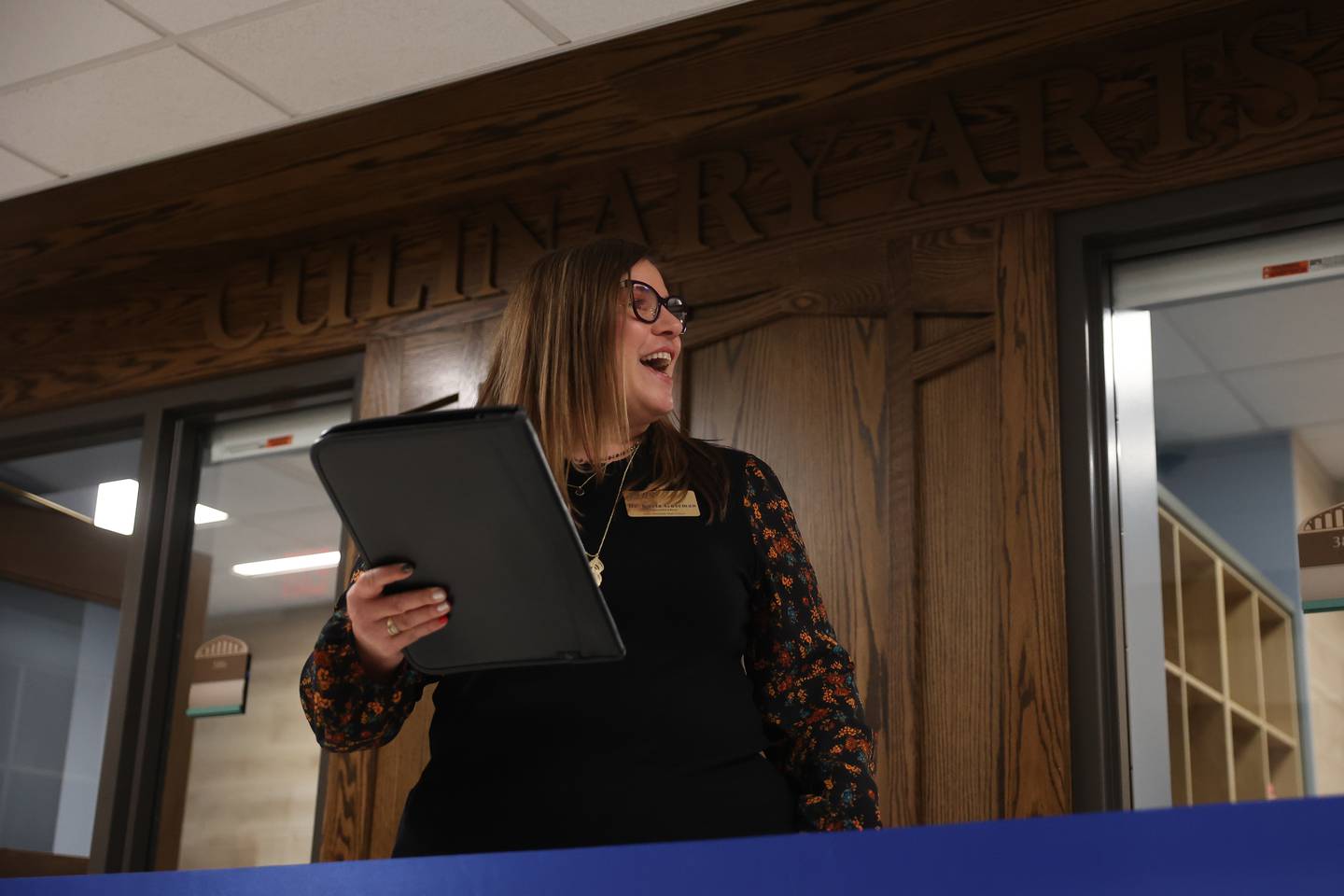 Joliet District 204 Superintendent Karla Guseman shares a few works at the ribbon cutting ceremony for Joliet Central’s new culinary arts addition on Monday, Jan. 6, 2025 in Joliet.