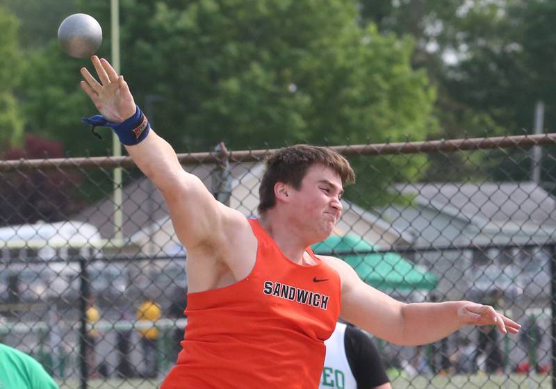 Sandwich's Daniel Reedy throws shot put during the Class 2A track sectional meet on Wednesday, May 17, 2023 at Geneseo High School.