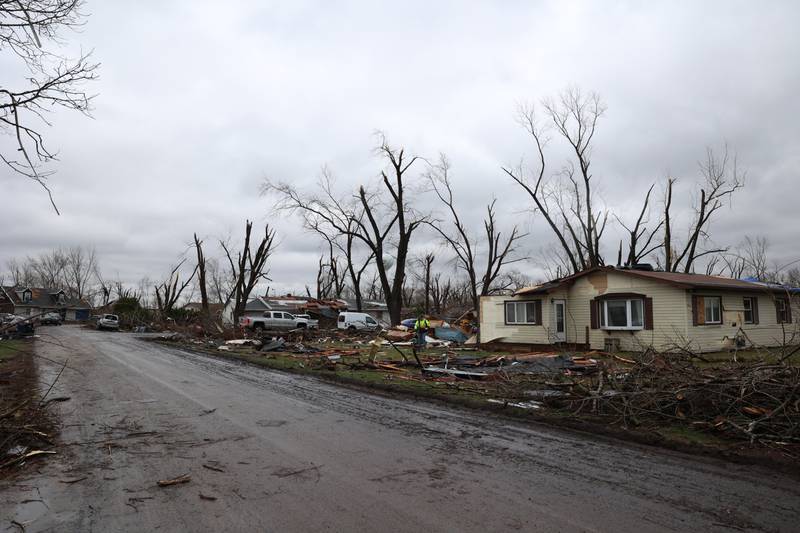 Damage is seen along Strasma North Drive in Aroma Park on March 11, 2026 following a March 10 tornado that passed through Kankakee County.