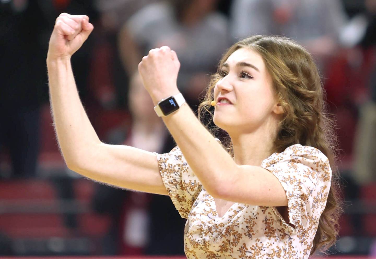 Rock Falls sophomore Remington Collins sings and signs the national anthem before the women's basketball game in the Class 4A State Semifinals, Friday, March 4, 2022, at Redbird Arena in the Illinois State University at Normal.