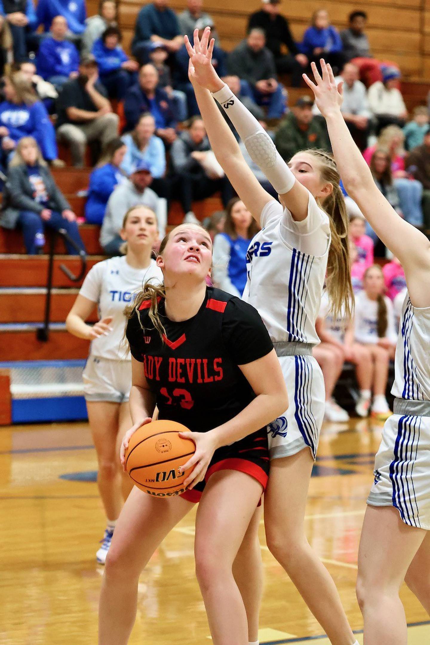 Hall's Caroline Morris posts up against Princeton's Payton Brandt Tuesday night at Prouty Gym. The Tigresses won 41-39.