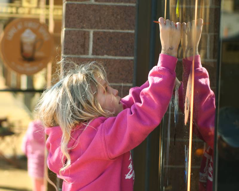 Brooklyn Carponelli, 6, of Rolling Meadows paints a window on Saturday Oct. 26, 2024, in downtown Downers Grove during a Halloween event.