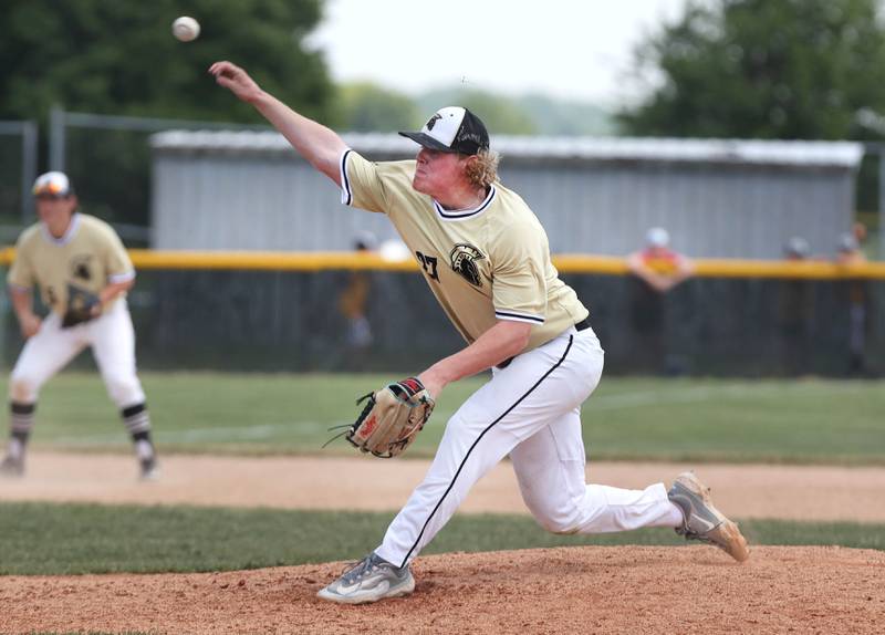 Sycamore's Jimmy Amptmann fires a pitch during their Class 3A sectional final win over Burlington Central Saturday, June 3, 2023, at Kaneland High School in Maple Park.
