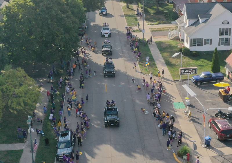 Mendota High School homecoming king Aden Tillman and queen Addy Aliensworth ride down Indiana Avenue during the homecoming parade on Friday, Oct. 3, 2025