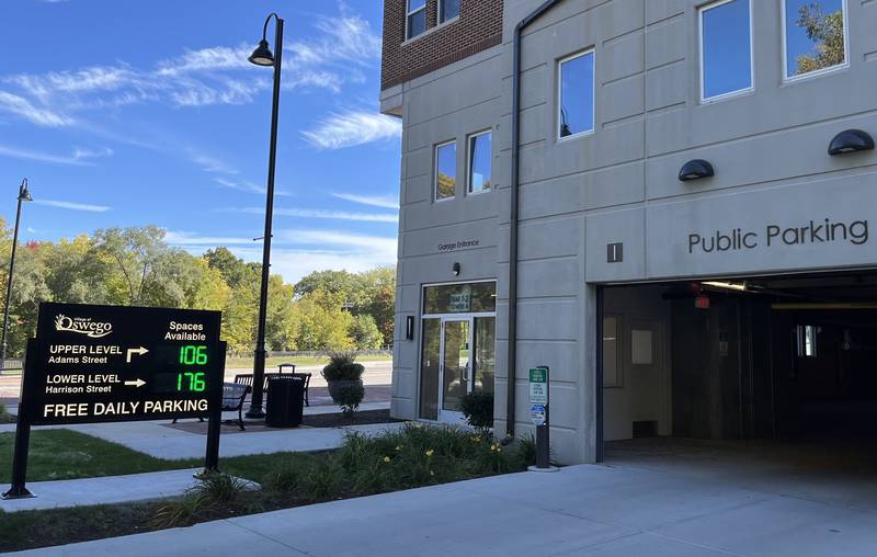 Harrison Street entrance to the downtown Oswego public parking deck at The Reserve at Hudson Crossing apartment building.