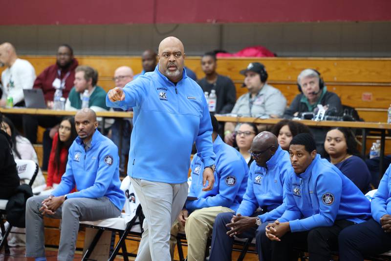 Kankakee head coach Chris Pickett gives direction to his players during the Kays' 54-50 victory over Lincoln-Way Central in the 75th Kankakee Holiday Tournament maroon bracket championship on Sunday, Dec. 28, 2025.