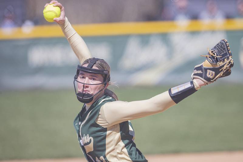 St. Bede pitcher Ella Hermes delivers a fastball for a strike against Putnam County on April 8, 2023 at St. Bede Academy.