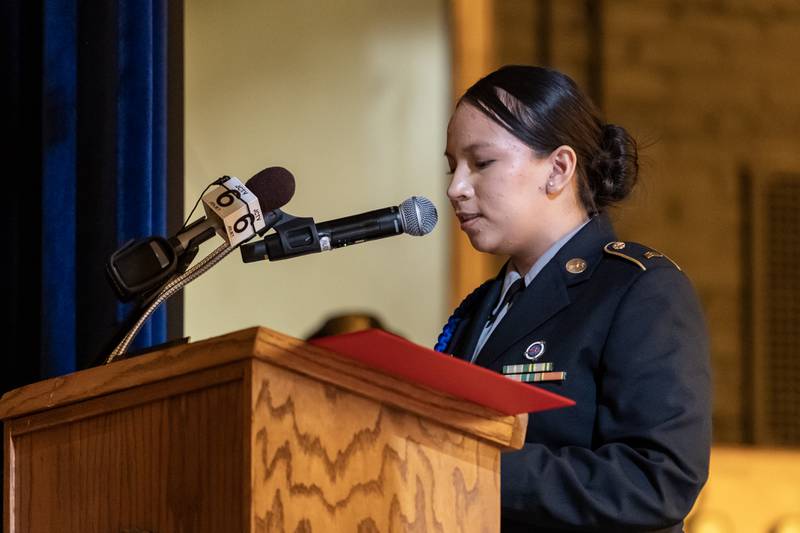 Aurora Cisneros Guzman delivers a student reading during the Veterans Day Assembly at Joliet Central High School on Nov. 7, 2025.
