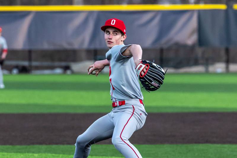 Lucas Farabaugh of Ottawa pitches on Monday, March 17, 2025 at Seneca High School in Seneca.