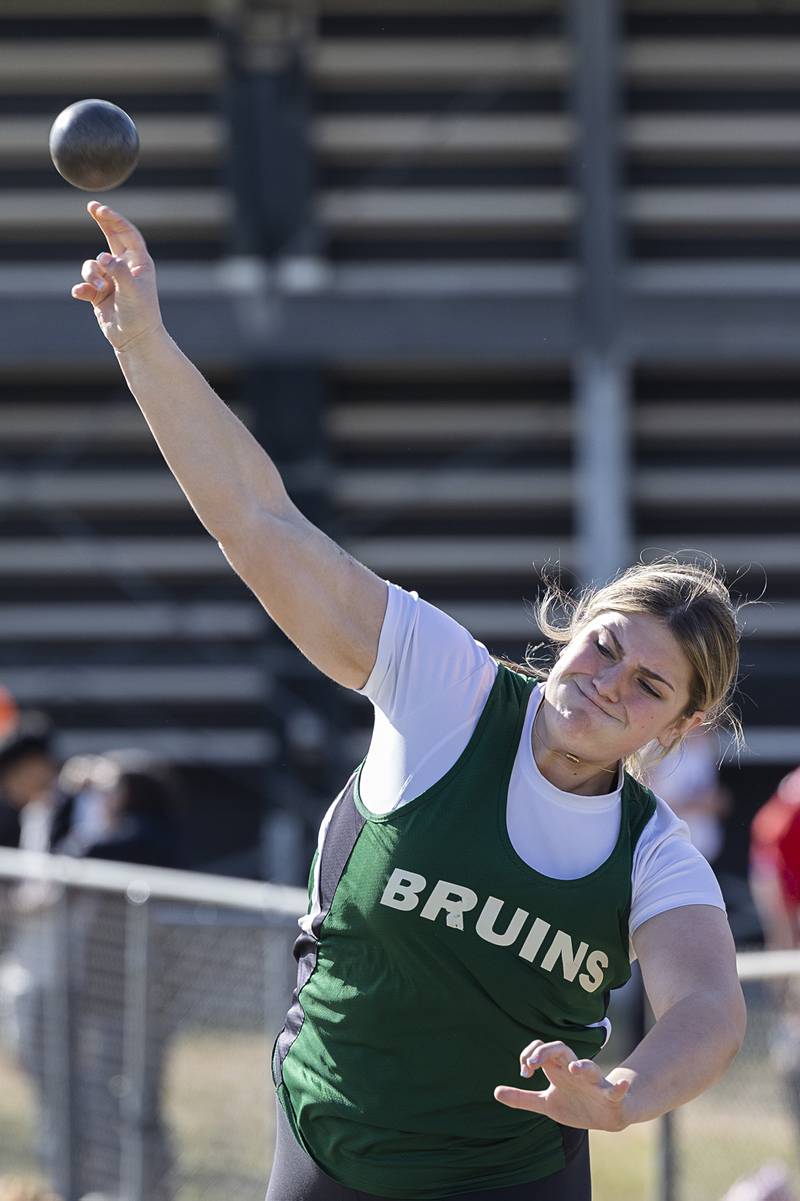 St. Bede’s Savannah Bray fires off the shot Wednesday, May 13, 2026, during the Class 1A Erie Sectional meet.