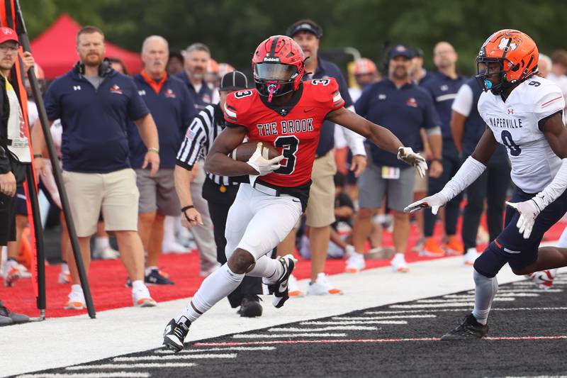 Bolingbrook’s Chico Thomas works the sidelines after a catch against Naperville North on Friday, Sept. 8, 2023 in Bolingbrook.