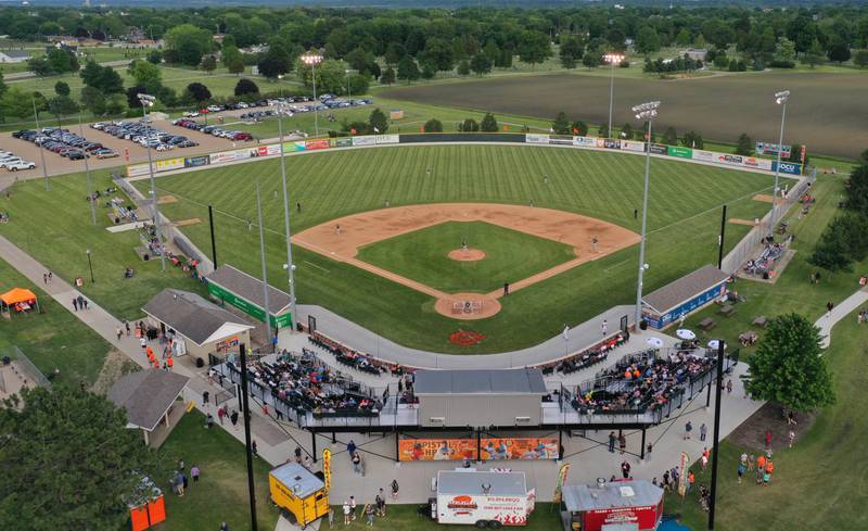 An aerial view of Schweickert Stadium on opening night of the Pistol Shrimp on Thursday, May 30, 2024 at Veterans Park in Peru.