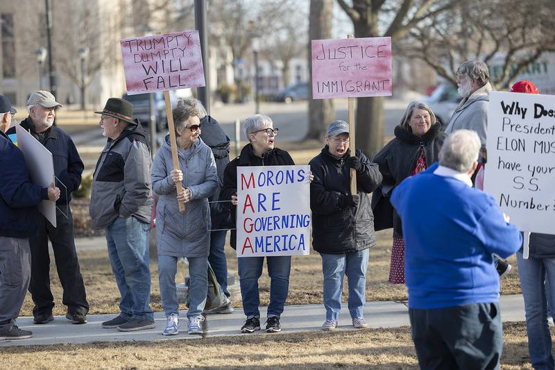 Over 250 protestors gathered Tuesday, Feb. 25, 2025, at Grandon Civic Center in Sterling to voice their feelings about the Trump administration, Elon Musk and other topics of contention. The demonstration was organized by Action for a Better Tomorrow Sauk Valley.