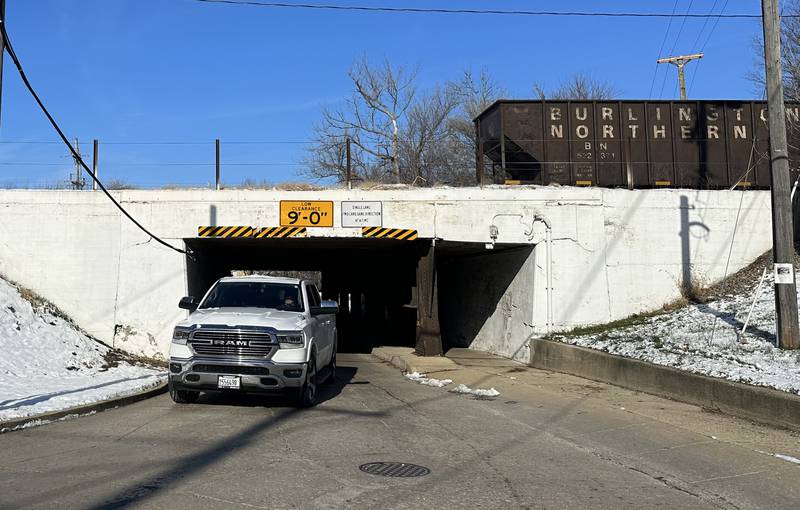 A motorist exits the Mendota viaduct on Tuesday, Nov. 28, 2023 in Mendota. The viaduct has the shortest vertical clearance of any overpass in the Illinois Valley at only nine feet.