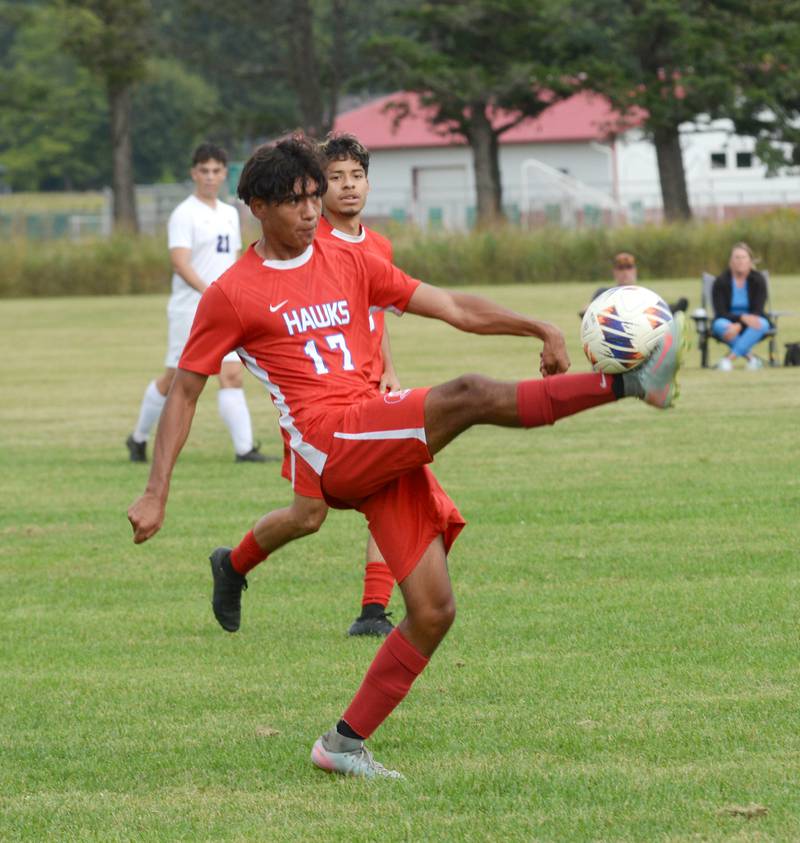 Oregon's Irvin Acosta plays the ball against Pecatonica on Tuesday, Sept. 23, 2025 at Oregon Park West.
