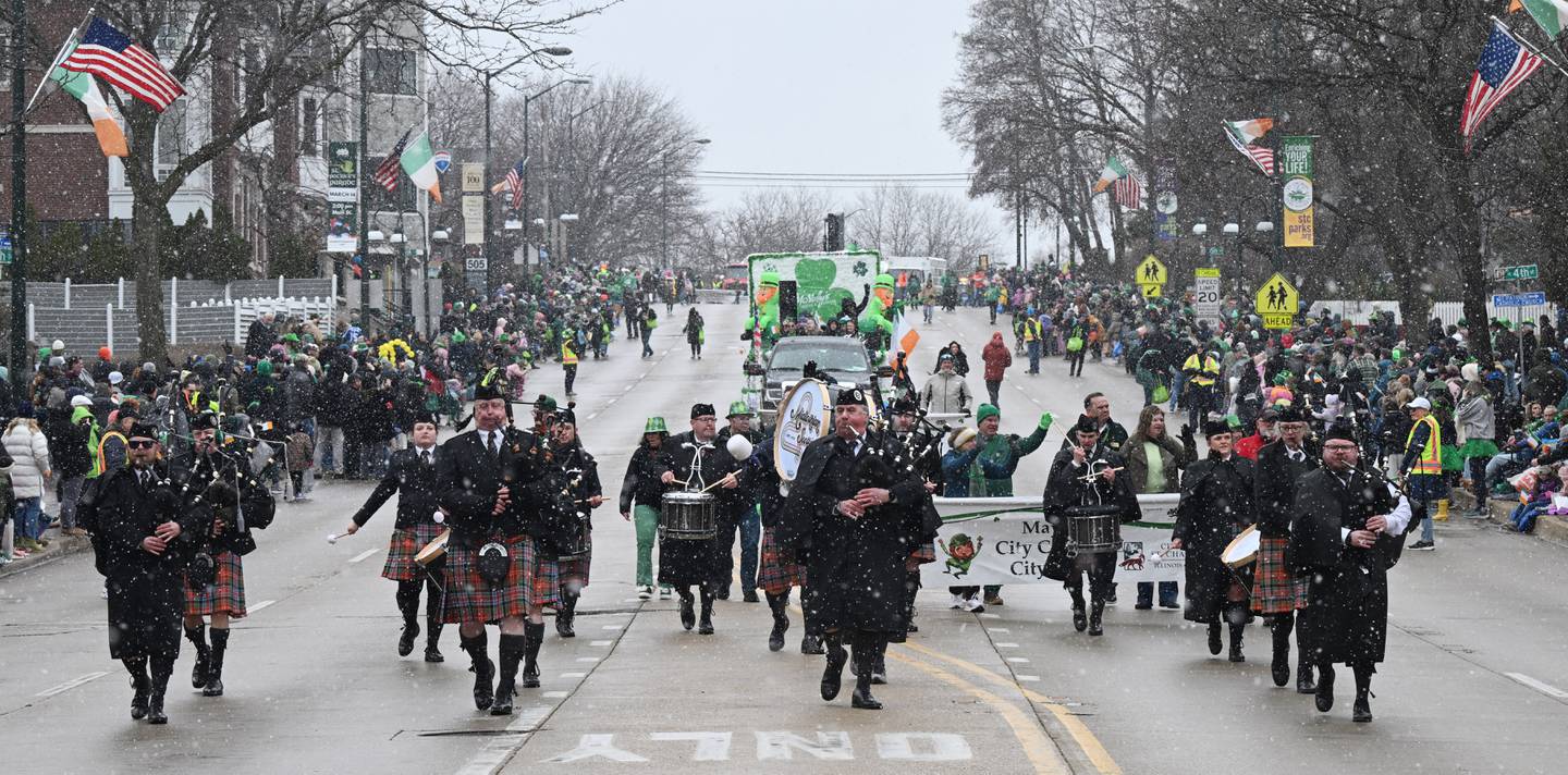 The Midlothian Scottish Pipe Band plays in the St. Charles St. Patrick’s Parade Saturday, March 14, 2026.