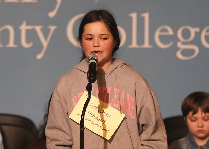 Gretchen Howard of Richmond Grade School competes in the McHenry County Regional Office of Education's 2023 spelling bee Wednesday, March 22, 2023, at McHenry County College's Luecht Auditorium in Crystal Lake.