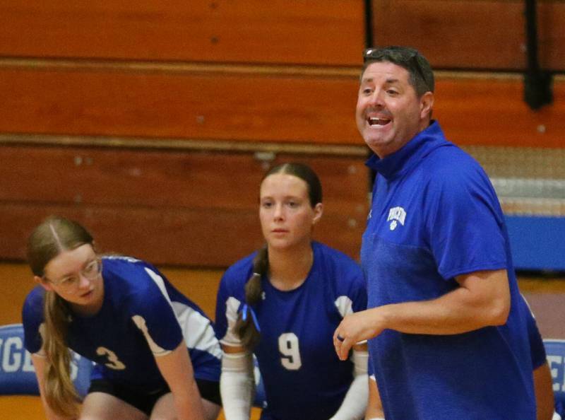 Princeton volleyball coach Andy Puck coaches his team against L-P on Tuesday, Aug. 27, 2024 at Princeton High School.