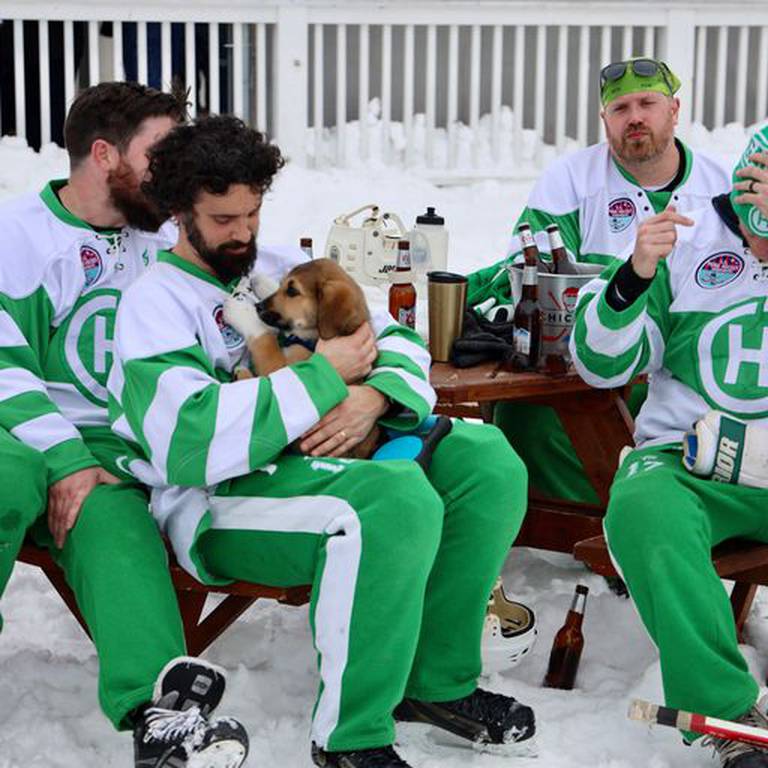 A hockey team participates in the 2021 Wauconda WinterFest, which again includes an adult pond hockey tournament.