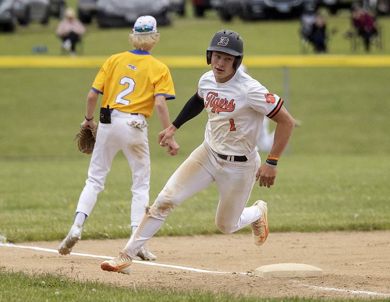 Byron’s Brayden Knoll rounds third to score against Johnsburg Wednesday, May 28, 2025, in the Class 2A Sectional semifinal in Mendota.