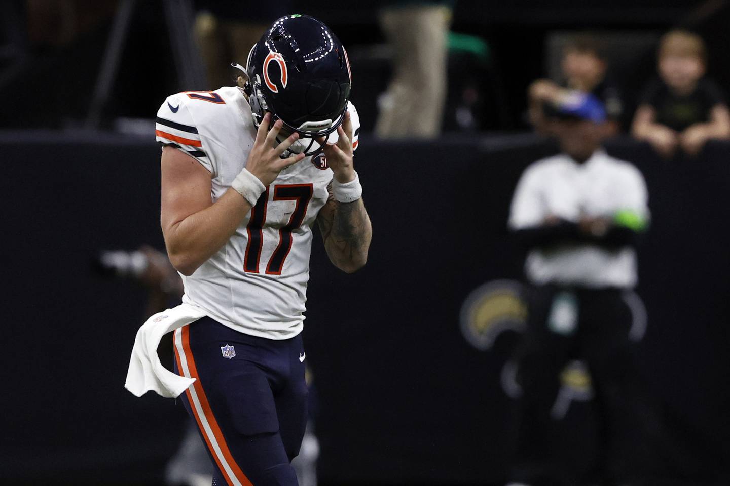 Chicago Bears quarterback Tyson Bagent walks off the field after throwing an interception during the second against the New Orleans Saints in New Orleans, Sunday, Nov. 5, 2023.