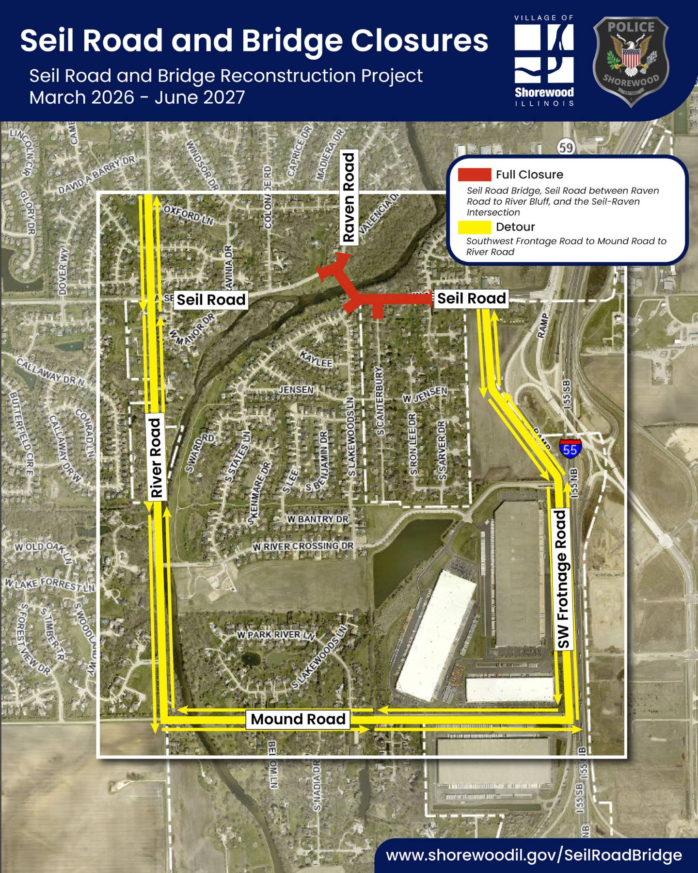 The Seil Road Bridge in Shorewood will be closed beginning Monday as part of a major $9 million Illinois Department of Transportation replacement project to The bridge will likely remain closed through June of 2027 while construction is completed.