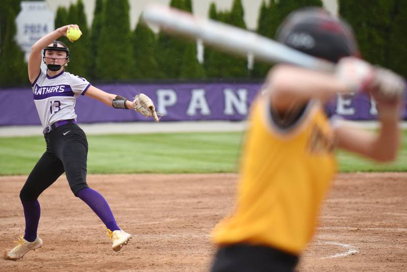 Manteno's Maddy Delya throws a pitch to a Herscher batter during a game at Manteno Tuesday, May 12, 2026.