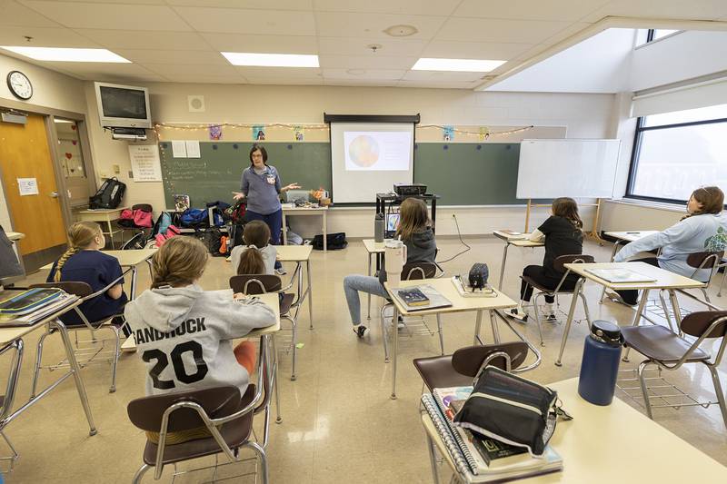 Pat Zigler, a nurse at CGH, speaks to a group at St. Mary’s School in Sterling Monday, Jan. 29, 2024 as part of a career day in celebration of Catholic Schools Week. The school held three sessions where students could visit different professionals and learn about their careers.