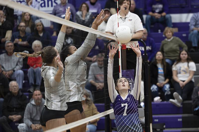 Dixon’s Sydney Hargrave sets the ball Thursday, Oct. 27, 2022 in the volleyball regional final against Galesburg.