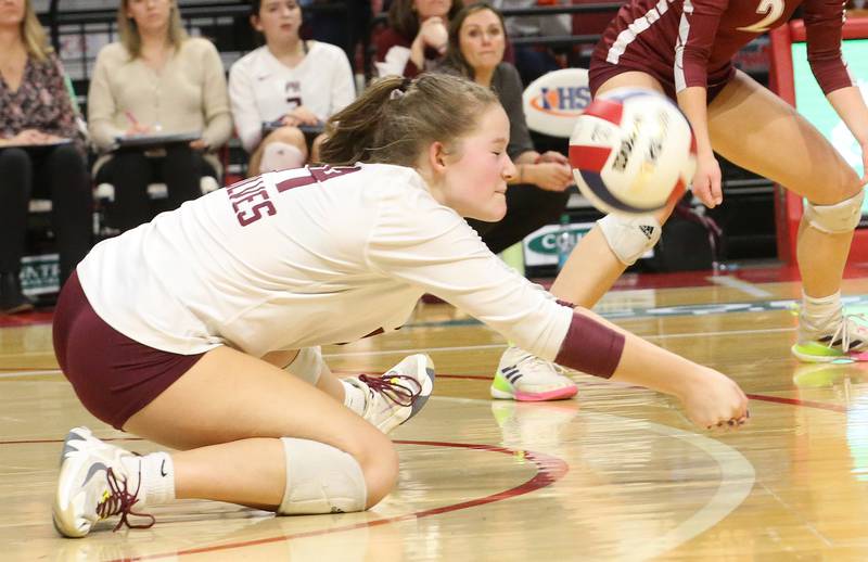 Limestone's Mia Lamberti sends the ball past Prairie Ridge's Addison Smith during the Class 3A State semifinal game on Friday, Nov. 15, 2024 at CEFCU Arena in Normal.