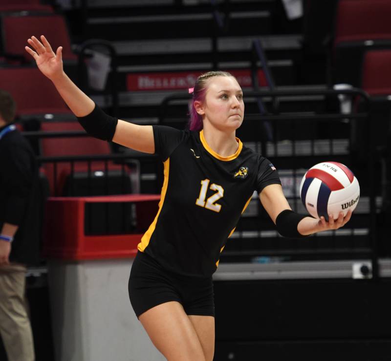 Riverdale's Cayleigh Hungate serves during the Rams' 2A semifinal match with Central Catholic at the state volleyball tournament at Illinois State University on Friday, Nov. 14, 2025.