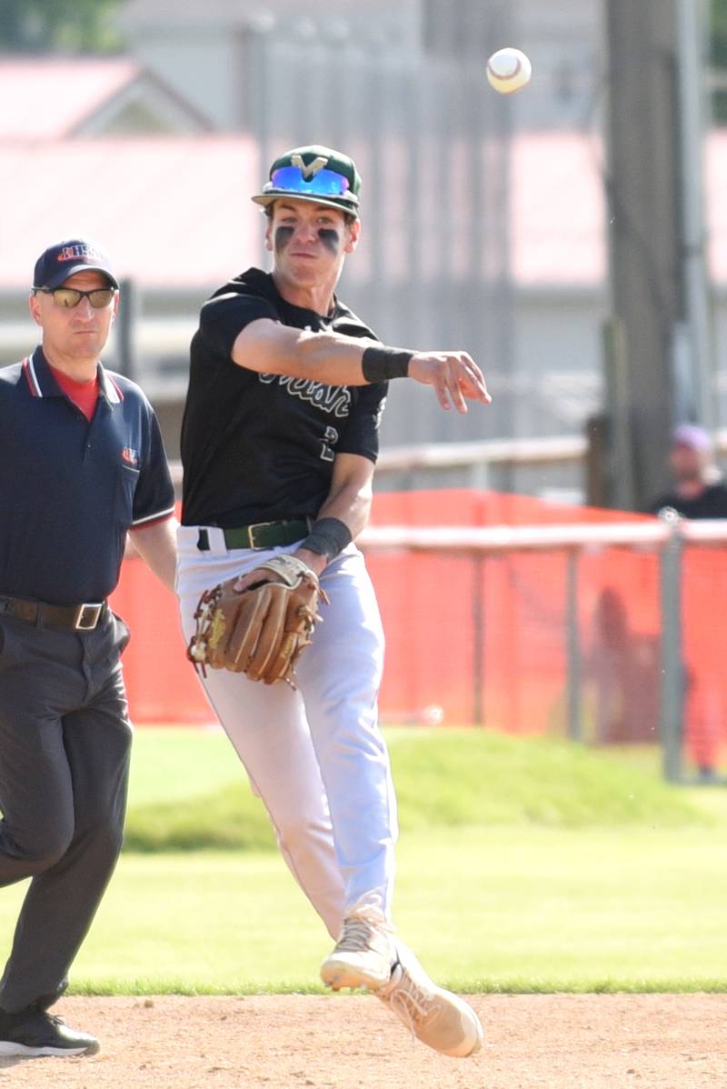 Bishop McNamara's Taylor Fuerst throws to first base during the Class 2A Beecher Sectional semifinals against Manteno Thursday, May 29, 2025.