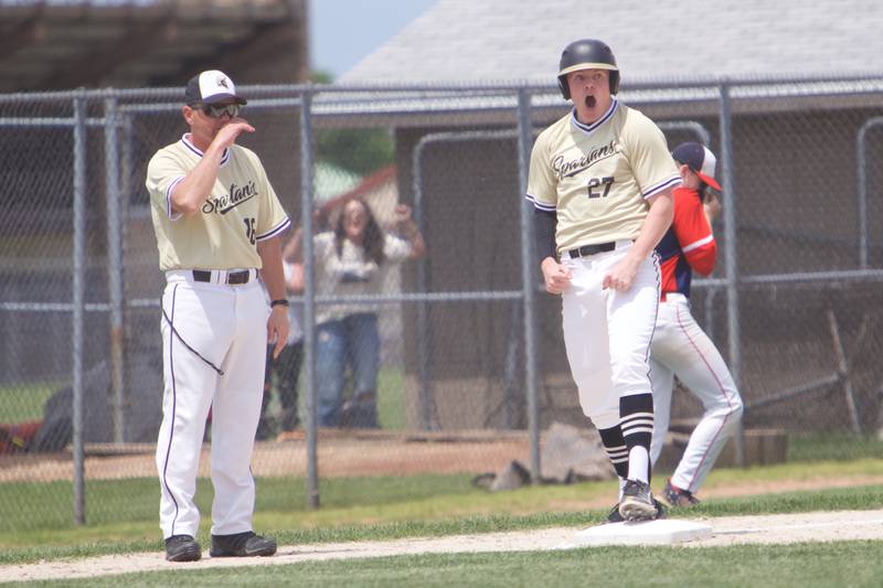 Sycamore's Jimmy Amptmann is pumped after driving in a run against Belvidere North at the Class 4A Regional Final on May 28, 2022 in Belvidere.