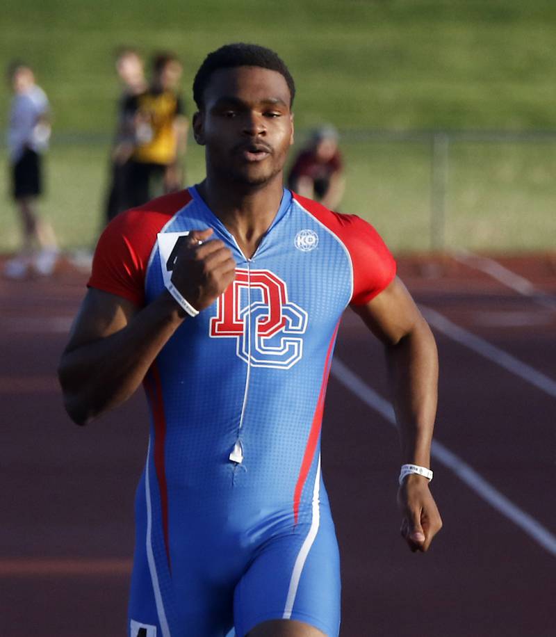 Dundee-Crown's Oreoluwa Sobodu sprints to the finish line in the 100 meter dash during the Fox Valley Conference  Boys Track and Field Meet on Thursday, May 14, 2026, at Huntley High School.