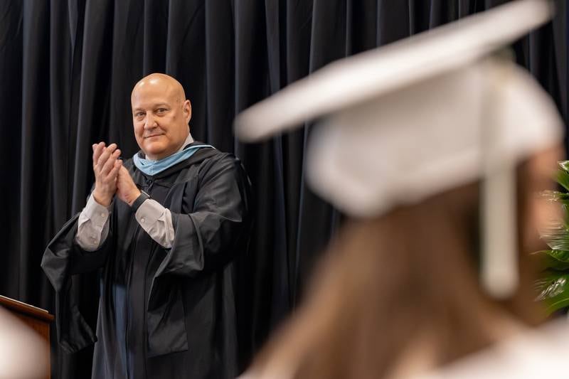 Seneca High School Principal, Mike Coughlin congratulates students graduating with high honors during the Seneca High School Class of 2026 Graduation on May 17, 2026 at Seneca High School.