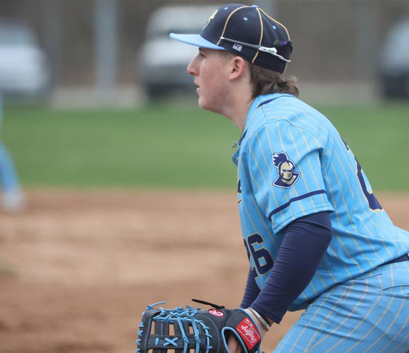 Marquette's Braxton Nelle gets set for the play against Eureka on Wednesday, April 1, 2026 at Masinelli Field in Ottawa.