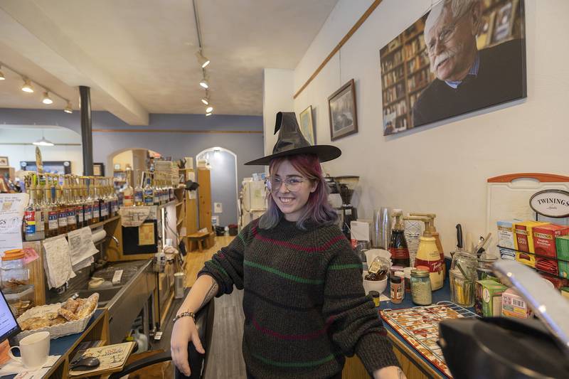 Book seller Elsie Gordon plays the part Thursday, Oct. 16, 2025, for Witches Night Out. The downtown will be seeing lots of action this weekend for the very popular Scarecrow Fest.