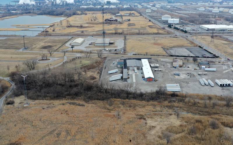 An aerial view of the Wolf Lake Memorial Park looking east toward the Lost Marsh Golf Course on Saturday, Feb. 21, 2026 in Hammond, Ind. The area is a potential site of the new Chicago Bears stadium
