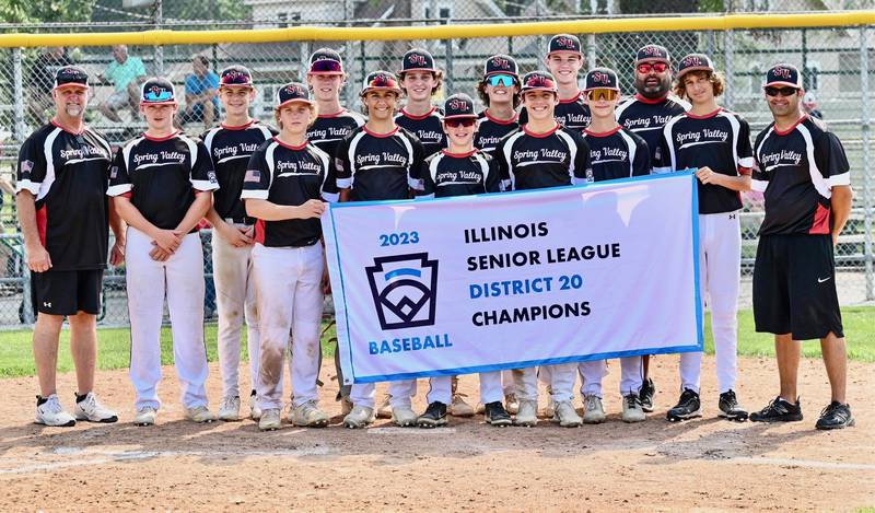 Spring Valley defeated Peru in a best two-out-of-three series to capture the District 20 Senior League championship. Spring Valley will represent District 20 in the Central Regional Tournament starting at 10 a.m. Saturday at Veteran Park in Peru. against Michigan. Team members include Drew Carlson (front row, from left) Geno Ferrari, Jimmie Jablonsk,i Jack Curran, Jaxson Pinter and Joseph Perez; and (back row) coach Doug Jablonski ,Tyler Forristall. Hunter Edgcomb, Miles Main, Jack Jablonski, Logan Philhower, Clayton Fusinetti, coach Brad Foster and head coach Ryan Ferrari.