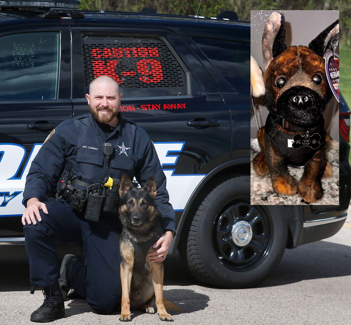 McHenry K-9 officer Eli poses with his handler, Officer Josh Conway in April 2024. A stuffed animal version of Eli, inset, became available for purchase in May 2024.