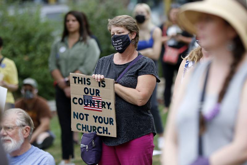 Attendees pack the historic Woodstock Square for a rally for abortion rights on Saturday, Oct. 2, 2021, in Woodstock.