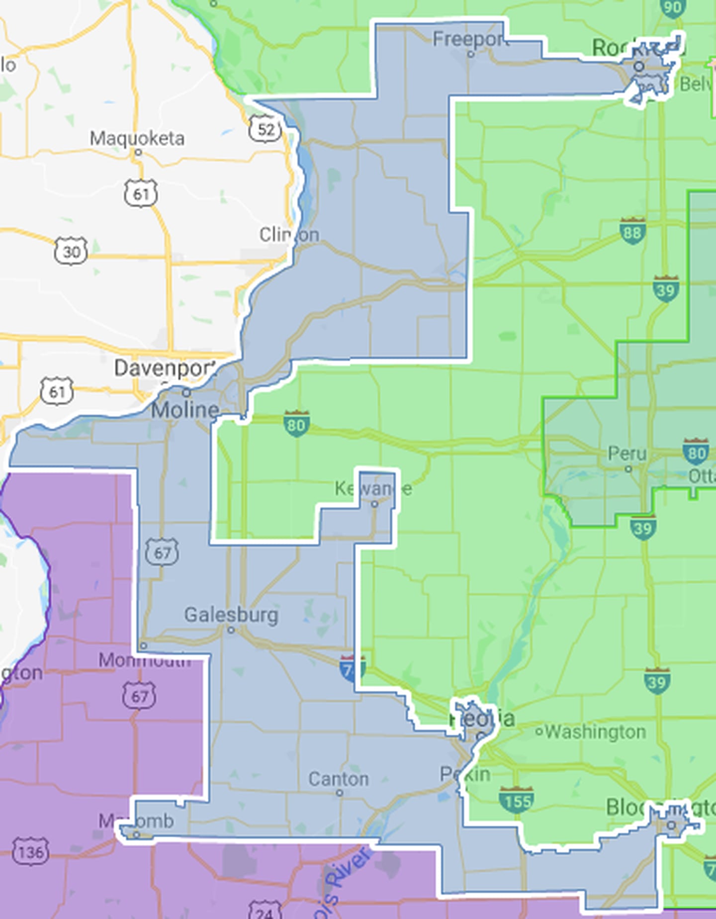 The new Illinois 17th Congressional District, in blue, runs from Rockford through the Quad Cities to Macomb, Peoria, and Bloomington. In January, the Cook Political Report named in one of 14 toss-up Congressional districts in the nation.