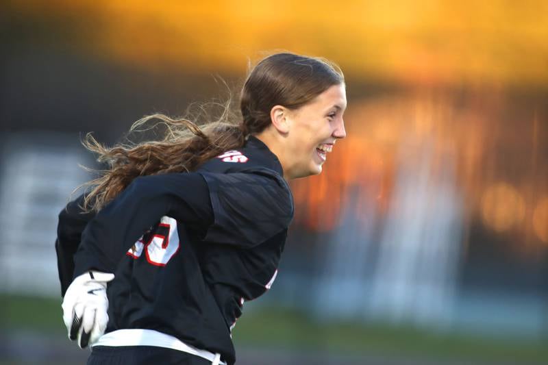 Huntley’s Evelyn Freundt is all smiles after scoring against Antioch in IHSA Regional varsity flag football action at Crystal Lake Central High School in Crystal Lake on Wednesday, Oct. 8, 2025.