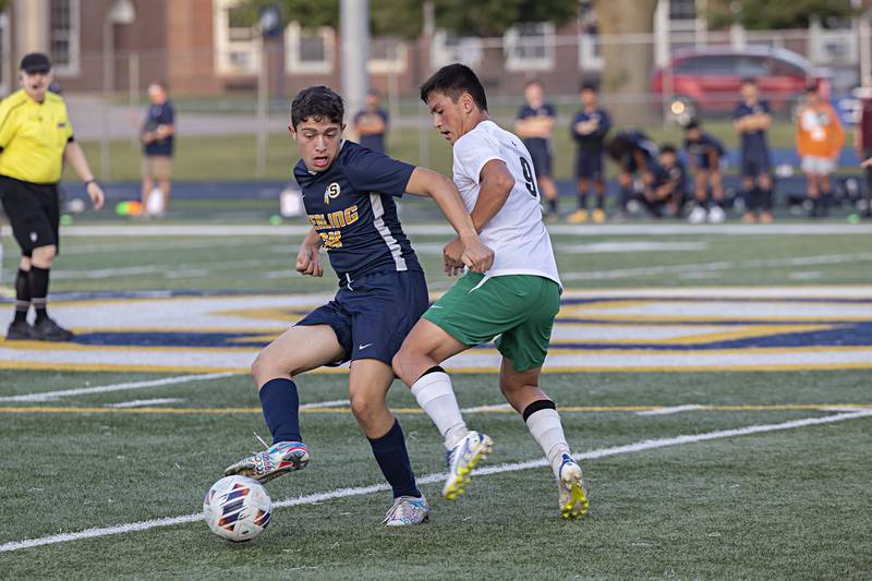 Sterling’s Yamaan Alkhalaf works against  Alleman’s Adam JacksTuesday, Sept. 19, 2023 at Sterling High School.