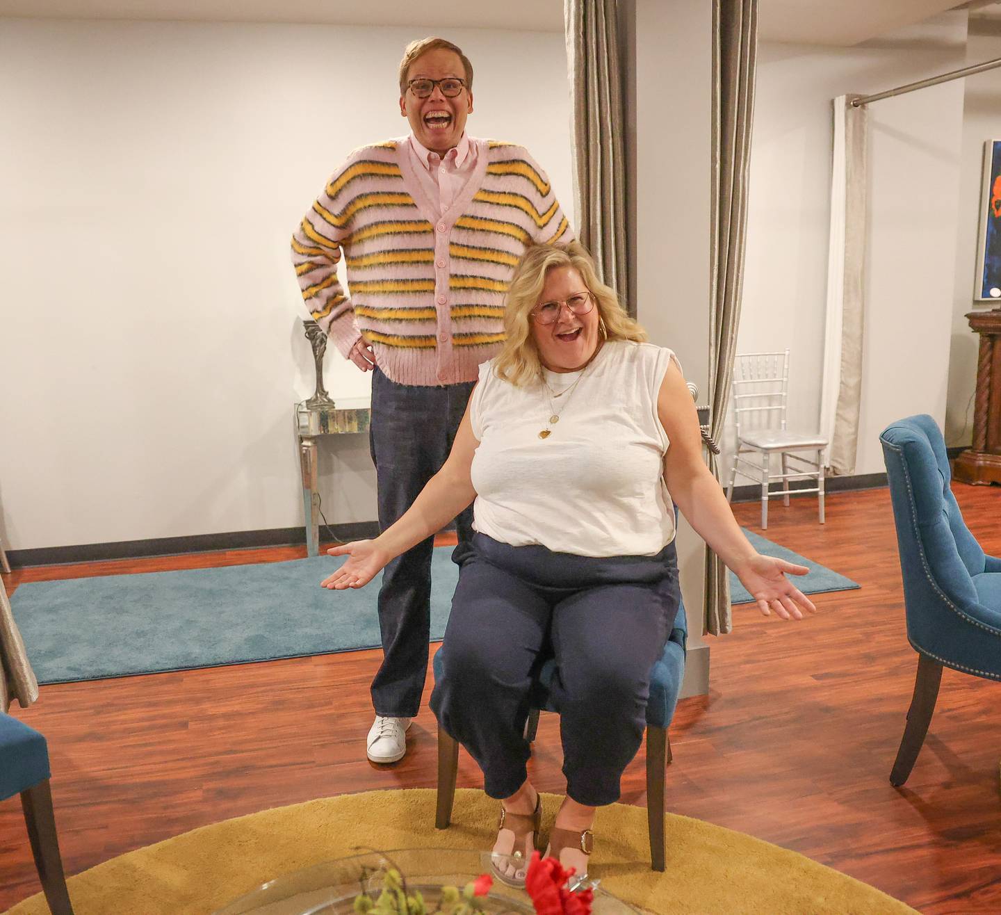Actors Bridget Everett and Jeff Hiller pose for a photo at the HBO season 3 premiere of "Somebody Somewhere" at  Roxy Lockport on Wednesday, Oct. 30, 2024 in Lockport.