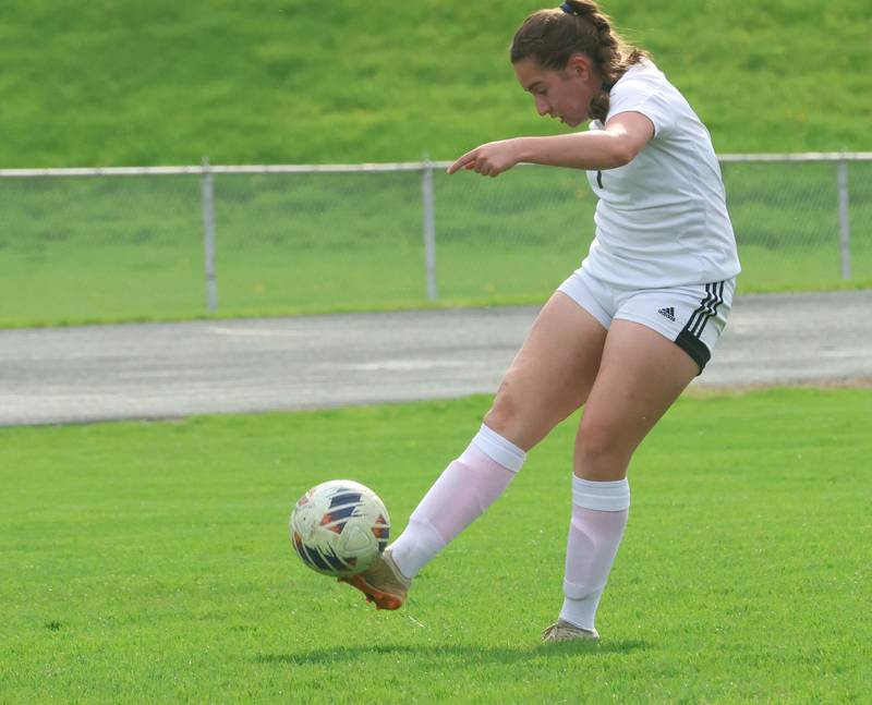 L-P's Julia Garcia kicks the ball in the box against Ottawa on Monday, April 13, 2026 on King Field at Ottawa High School.